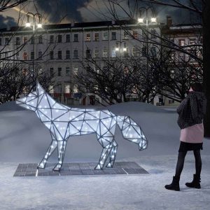 Полигональная скульптура «Серебристая лиса», 2,7×1,8×1,27 м, IP65, холодное свечение