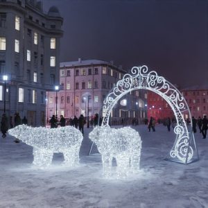 Световая композиция «Снегурочка и медведи», 3,8×3,3×1,8 м, IP65, холодное свечение