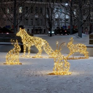 Композиция из светодиодных фигур «Лиса и зайцы», IP65, золотое свечение