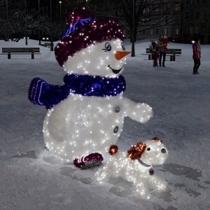 Новогодняя фигура из мишуры «Снеговик на прогулке с Шариком», 2,25×2,07×1,42 м, IP65, холодный свет