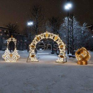 Комплект новогоднего оформления улицы «Арка с фотозонами» 3,94×3,12 м,, IP65, золотой свет
