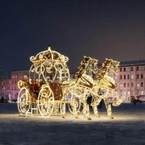 Световая фигура «Карета и две лошади» 3D, IP65, золотое свечение