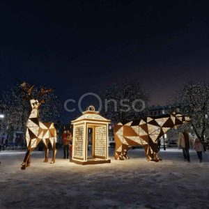 Полигональная световая композиция: медведь, олень и фонарь — 3D-фигуры для улицы, IP65