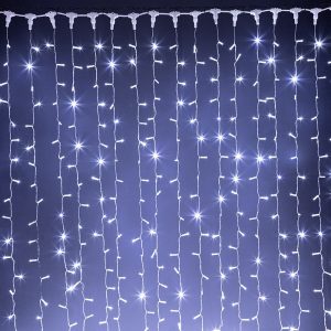 Гирлянда Занавес 2×6 м Белый с Мерцанием 220В, 1200 LED, Провод Прозрачный ПВХ, IP65