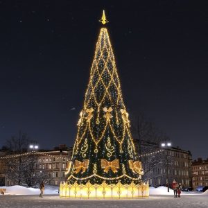 Уличная ель с комплектом оформления «Золотые банты», 22/24 м, IP65, золотой свет