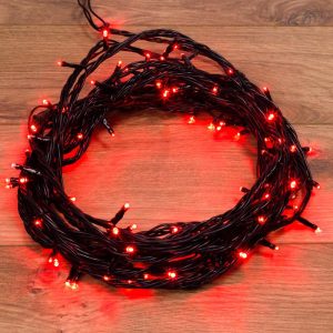 Гирлянда Нить 10 м Красная с Динамикой, 100 LED, Чёрный ПВХ, IP65, NN