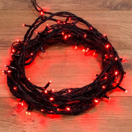 Гирлянда Нить 10 м Красная с Динамикой, 100 LED, Чёрный ПВХ, IP65, NN