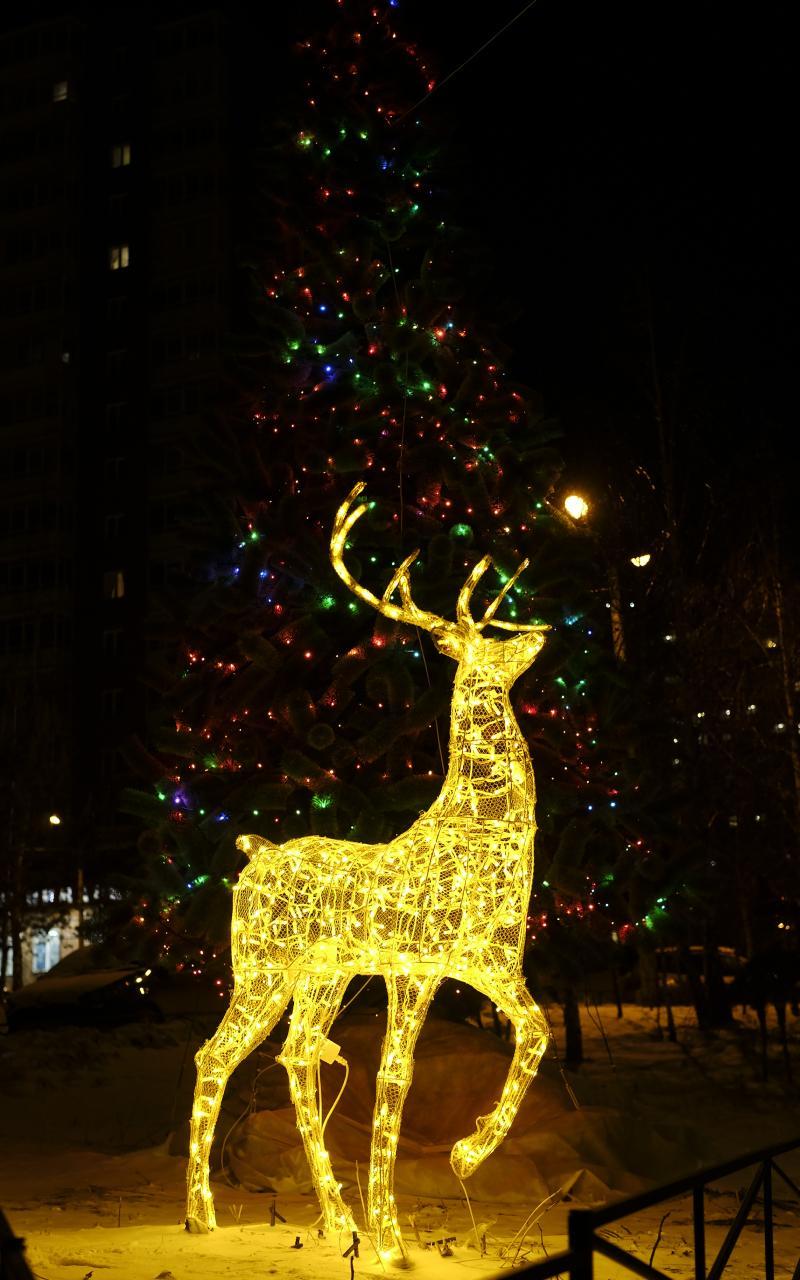Украшение светом дворов жилых комплексов – заказать прожекторное фасадное освещение, установку гирлянд и световых фигур от JOYLED