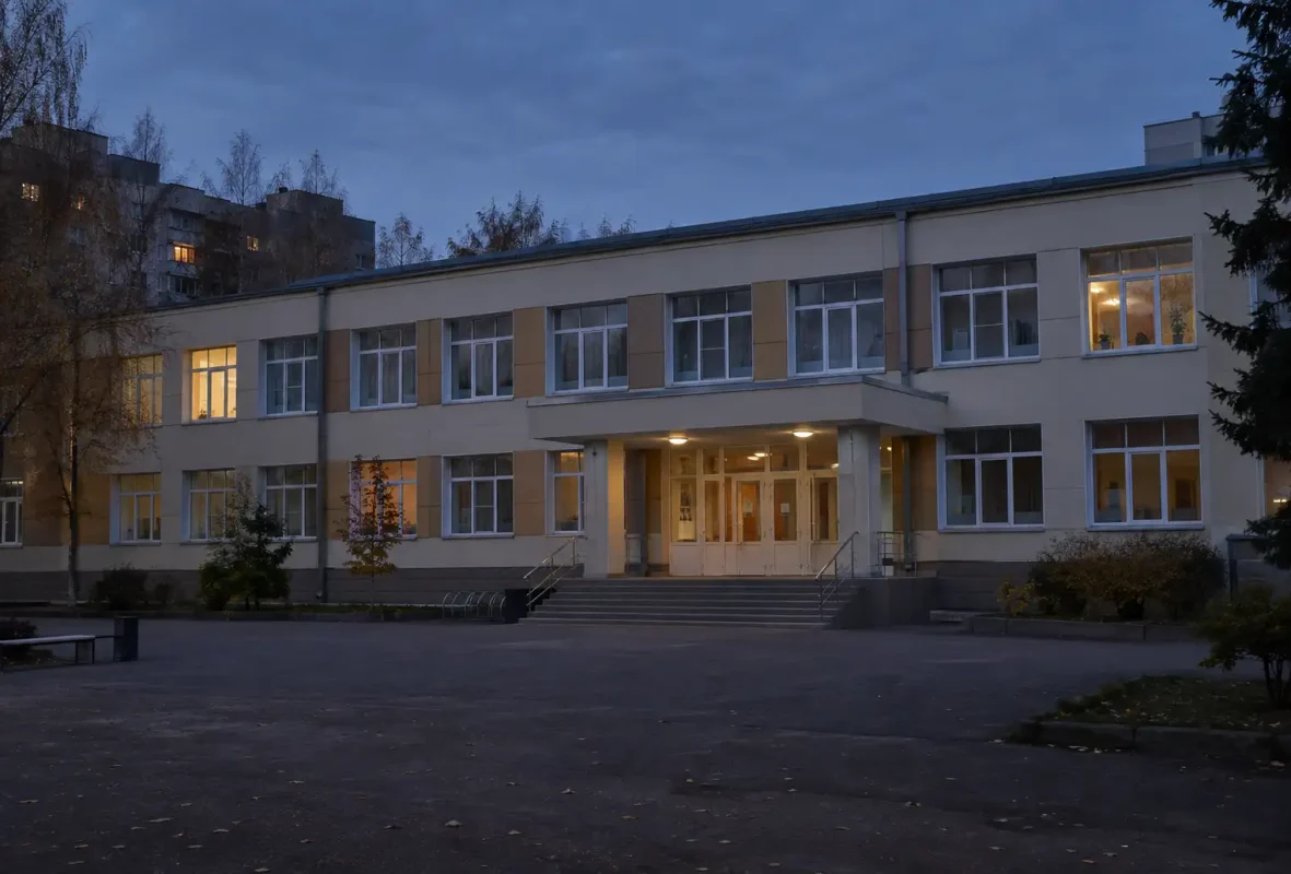 Здание выглядит неприметно вечером