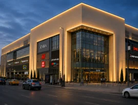 Фасад торгового центра с архитектурной подсветкой в сумерках